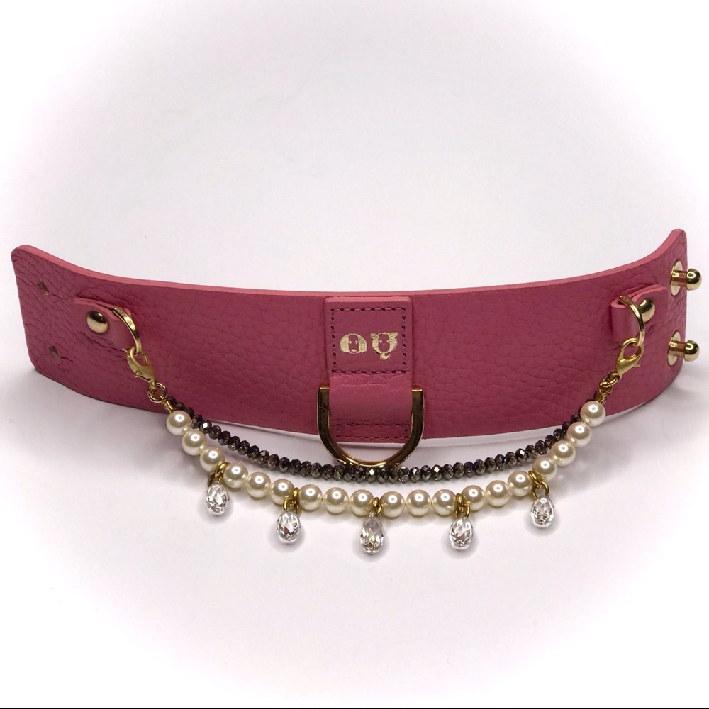 MOSHIQA Pink Leather Pearl Bracelet Dog Leash Crystal Cuff Luxury Pet Frenchie - Picture 8 of 15
